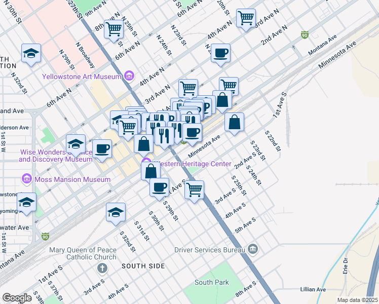 map of restaurants, bars, coffee shops, grocery stores, and more near 2605 Minnesota Avenue in Billings