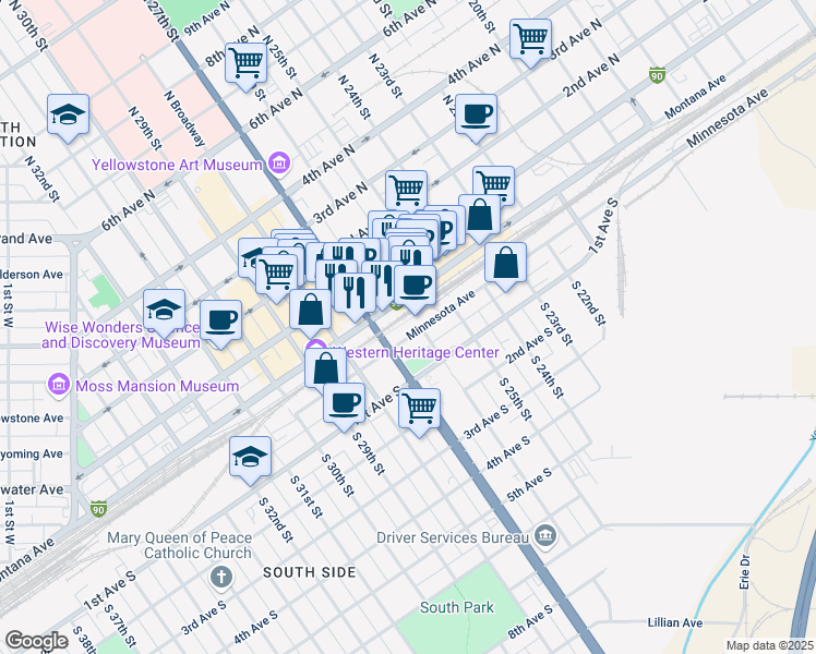 map of restaurants, bars, coffee shops, grocery stores, and more near 2605 Minnesota Avenue in Billings