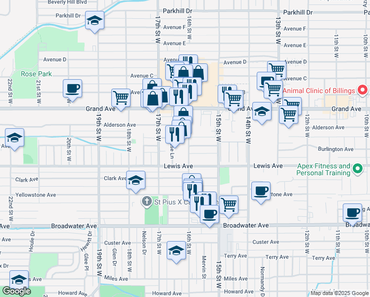 map of restaurants, bars, coffee shops, grocery stores, and more near 1138 16th Street West in Billings