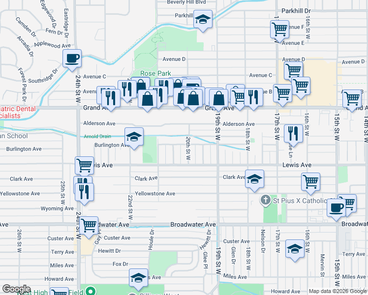 map of restaurants, bars, coffee shops, grocery stores, and more near 1124 20th Street West in Billings