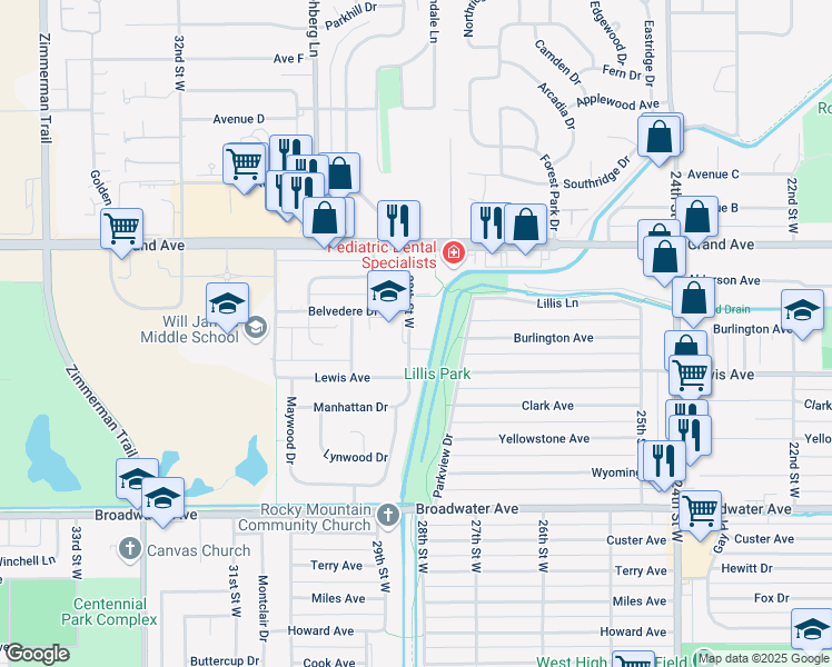 map of restaurants, bars, coffee shops, grocery stores, and more near 1141 28th Street West in Billings