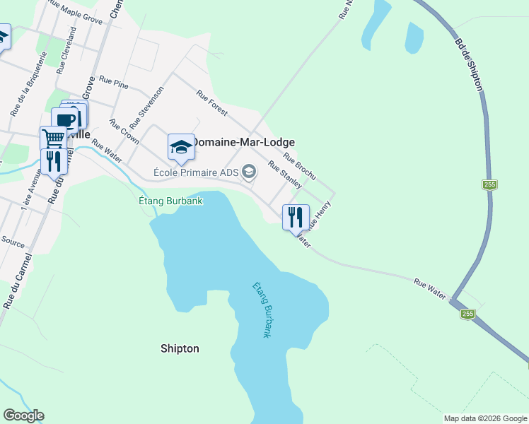 map of restaurants, bars, coffee shops, grocery stores, and more near 230 Rue Water in Danville