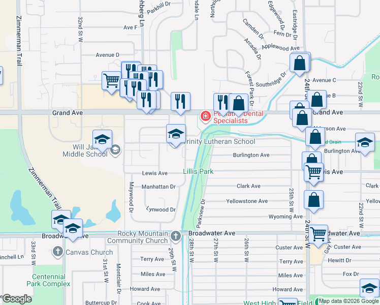 map of restaurants, bars, coffee shops, grocery stores, and more near 1141 28th Street West in Billings
