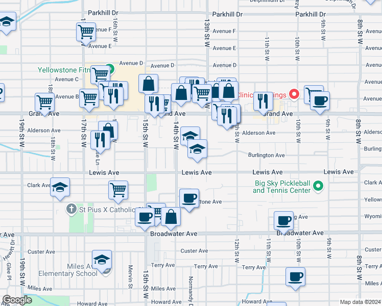 map of restaurants, bars, coffee shops, grocery stores, and more near 1315 Lewis Avenue in Billings