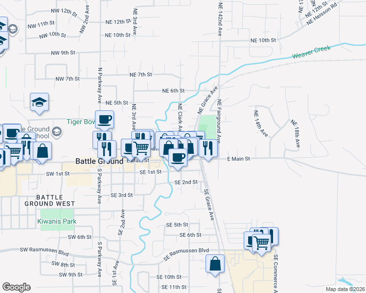 map of restaurants, bars, coffee shops, grocery stores, and more near 16 Northeast Clark Avenue in Battle Ground