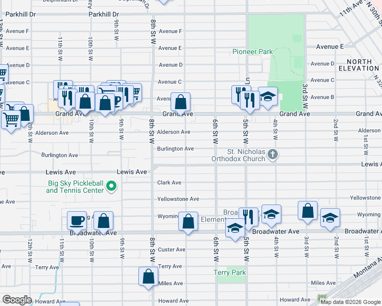 map of restaurants, bars, coffee shops, grocery stores, and more near 635 Lewis Avenue in Billings