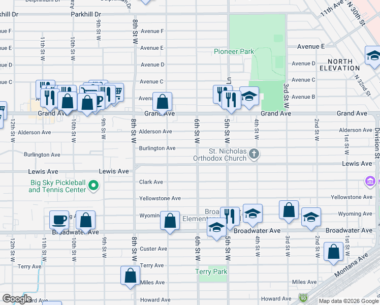 map of restaurants, bars, coffee shops, grocery stores, and more near 611 Lewis Avenue in Billings