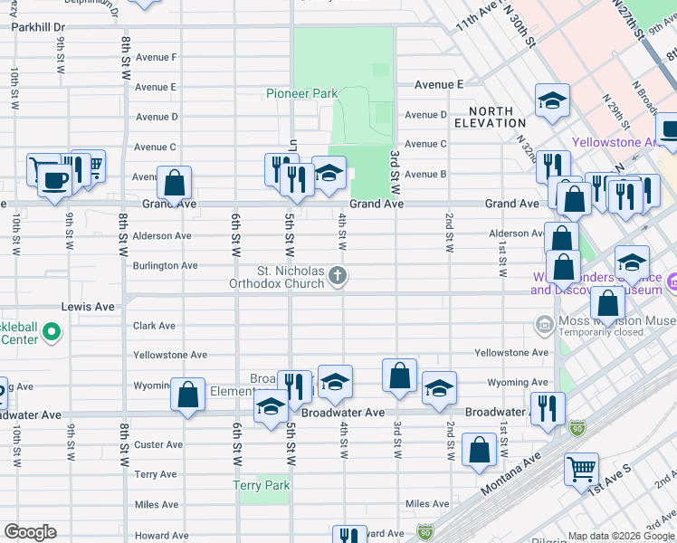 map of restaurants, bars, coffee shops, grocery stores, and more near 1115 4th St W in Billings