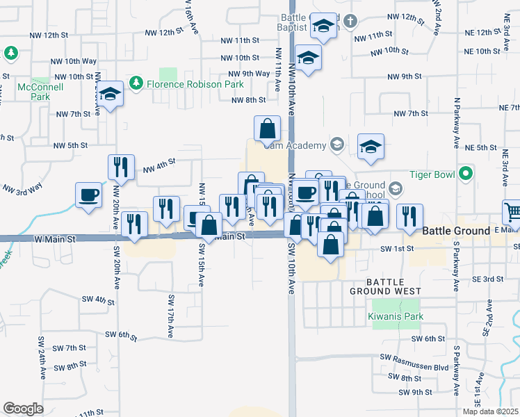map of restaurants, bars, coffee shops, grocery stores, and more near 101 Northwest 12th Avenue in Battle Ground