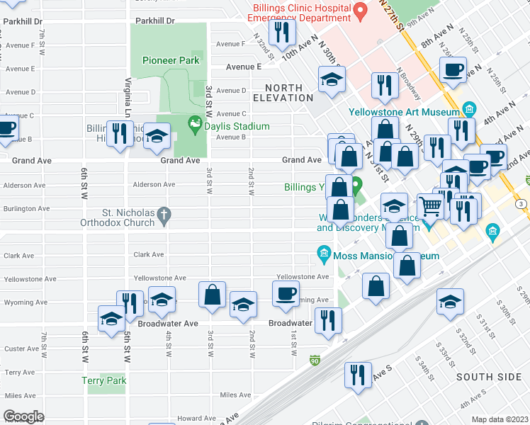map of restaurants, bars, coffee shops, grocery stores, and more near 134 Burlington Avenue in Billings