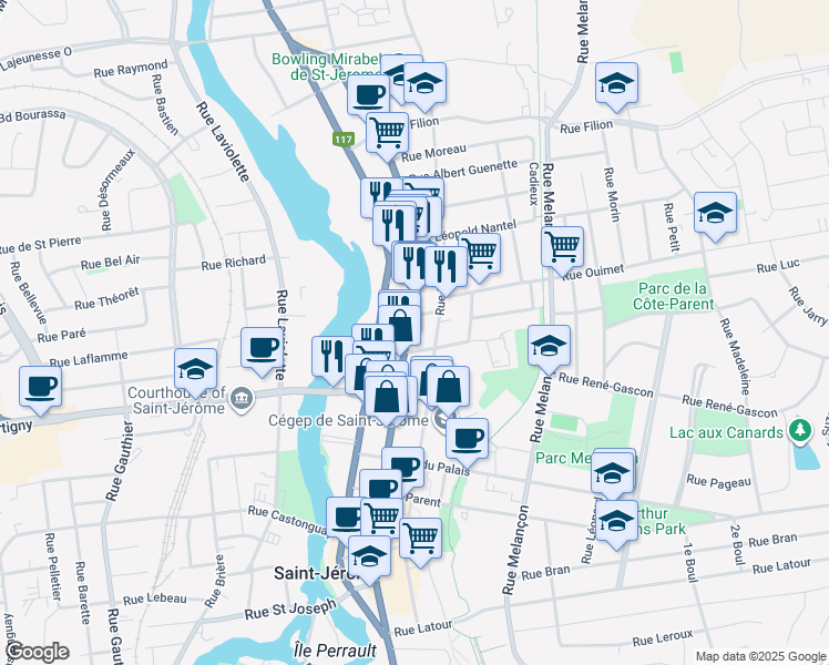 map of restaurants, bars, coffee shops, grocery stores, and more near in Saint-Jérôme