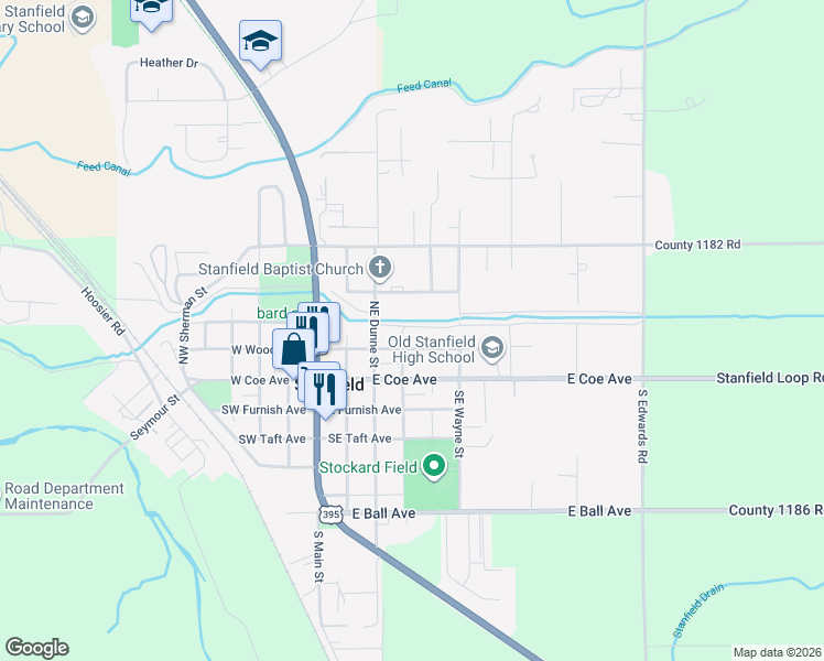 map of restaurants, bars, coffee shops, grocery stores, and more near 430 Northeast Wood Avenue in Stanfield