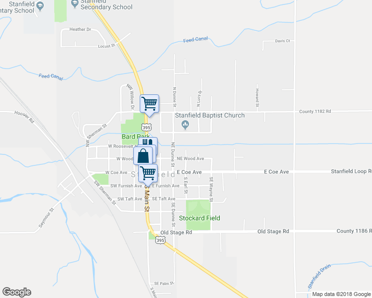 map of restaurants, bars, coffee shops, grocery stores, and more near N Earl St in Stanfield