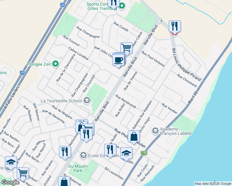 map of restaurants, bars, coffee shops, grocery stores, and more near 1240 Boulevard Iberville in Repentigny