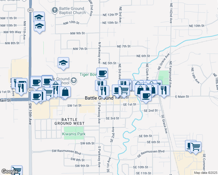 map of restaurants, bars, coffee shops, grocery stores, and more near 101 Northeast 1st Avenue in Battle Ground