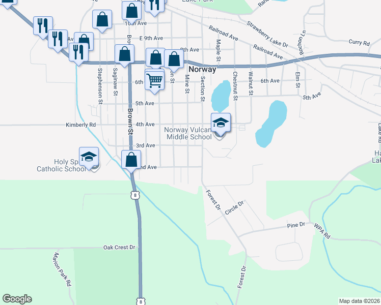 map of restaurants, bars, coffee shops, grocery stores, and more near 220 Mine St in Norway