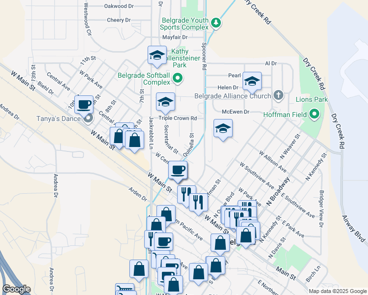 map of restaurants, bars, coffee shops, grocery stores, and more near 495 Secretariat Circle in Belgrade