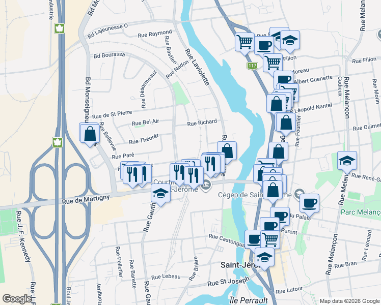 map of restaurants, bars, coffee shops, grocery stores, and more near 90 Rue Laflamme in Saint-Jérôme