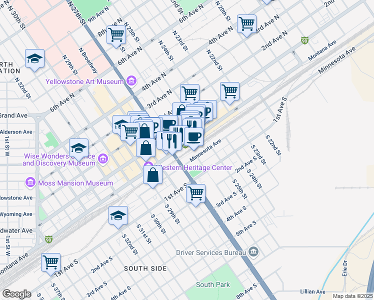 map of restaurants, bars, coffee shops, grocery stores, and more near 2611 Minnesota Avenue in Billings