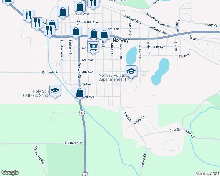 map of restaurants, bars, coffee shops, grocery stores, and more near 228 Iron St in Norway