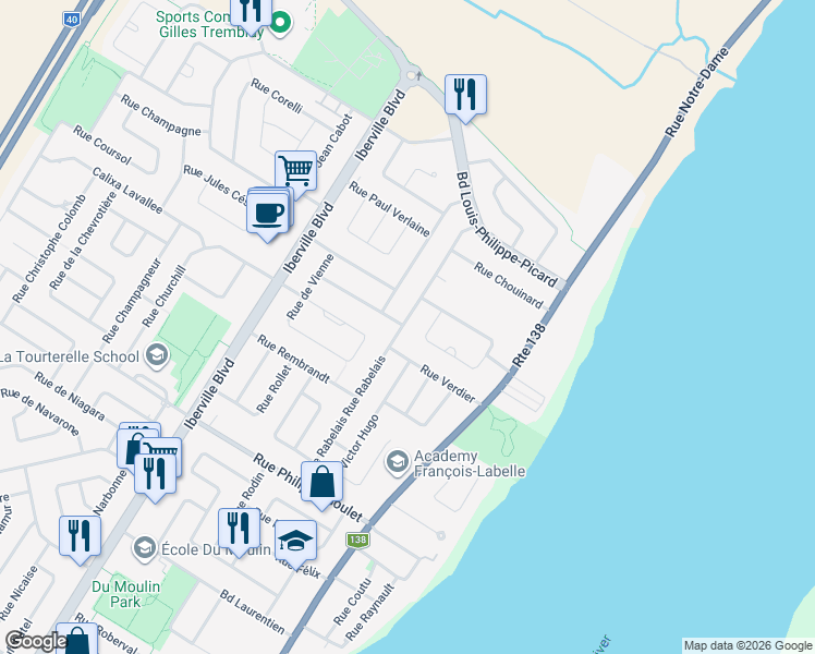 map of restaurants, bars, coffee shops, grocery stores, and more near 1332 Rue Rabelais in Repentigny