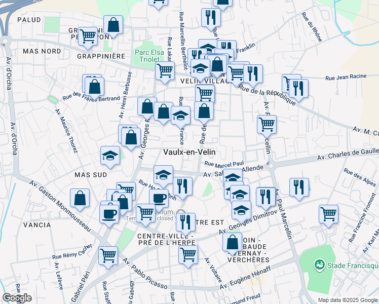 map of restaurants, bars, coffee shops, grocery stores, and more near in Vaulx-en-Velin
