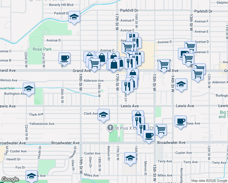 map of restaurants, bars, coffee shops, grocery stores, and more near 1120 17th Street West in Billings