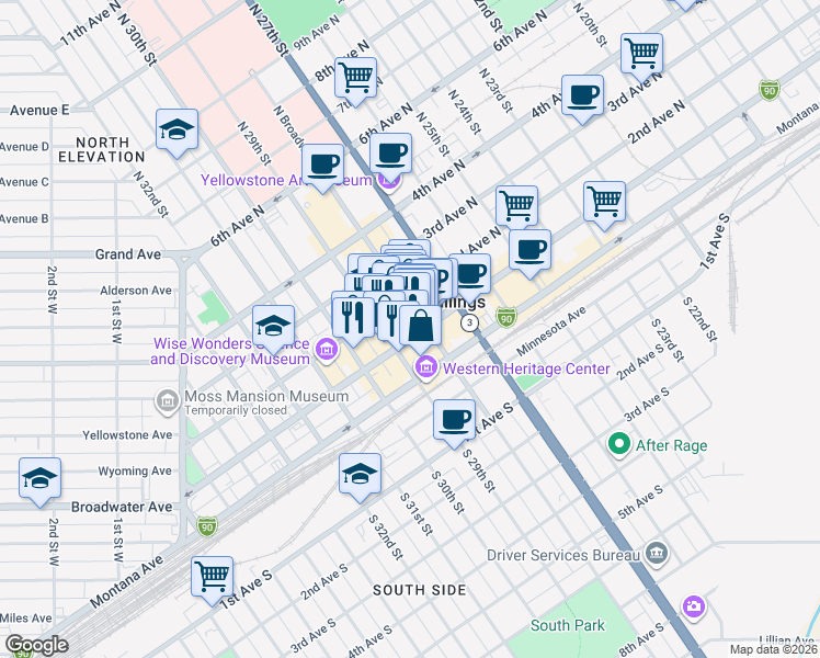 map of restaurants, bars, coffee shops, grocery stores, and more near 104 North Broadway in Billings
