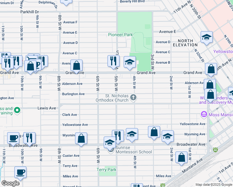 map of restaurants, bars, coffee shops, grocery stores, and more near 499 Burlington Avenue in Billings