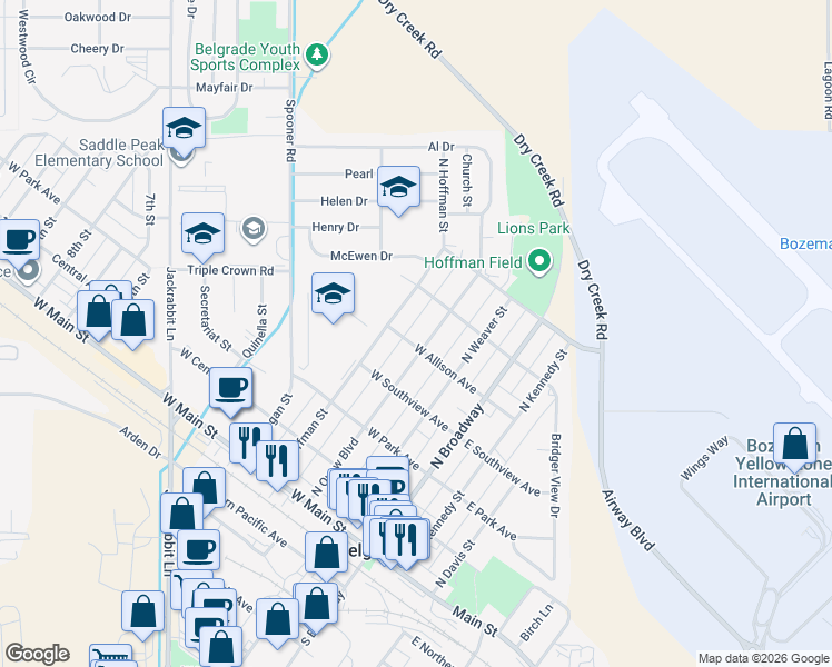 map of restaurants, bars, coffee shops, grocery stores, and more near 315 North Quaw Boulevard in Belgrade