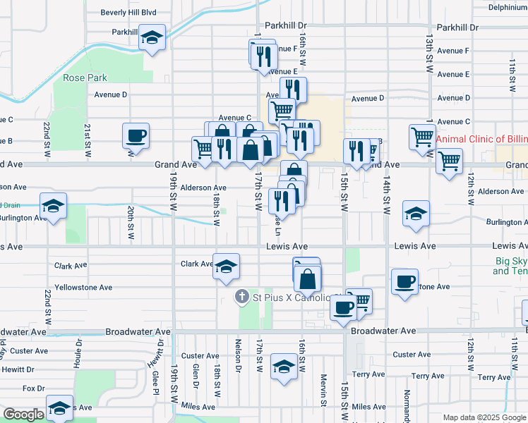 map of restaurants, bars, coffee shops, grocery stores, and more near 1116 16th Street West in Billings