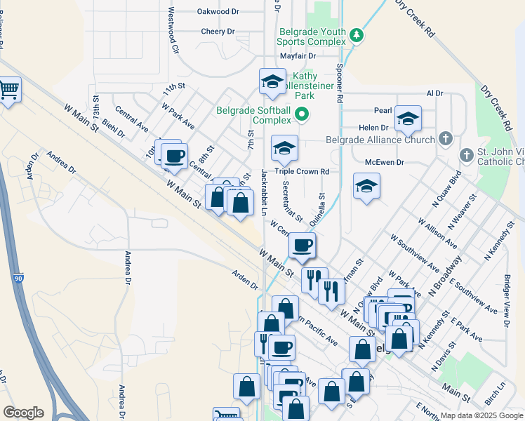 map of restaurants, bars, coffee shops, grocery stores, and more near 98 Jackrabbit Lane in Belgrade