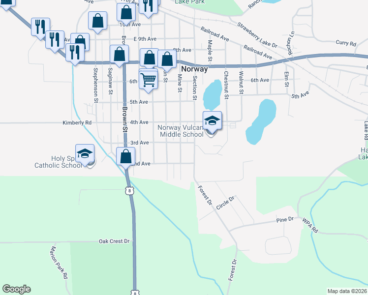 map of restaurants, bars, coffee shops, grocery stores, and more near 220 Mine St in Norway
