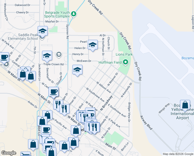 map of restaurants, bars, coffee shops, grocery stores, and more near 315 North Quaw Boulevard in Belgrade