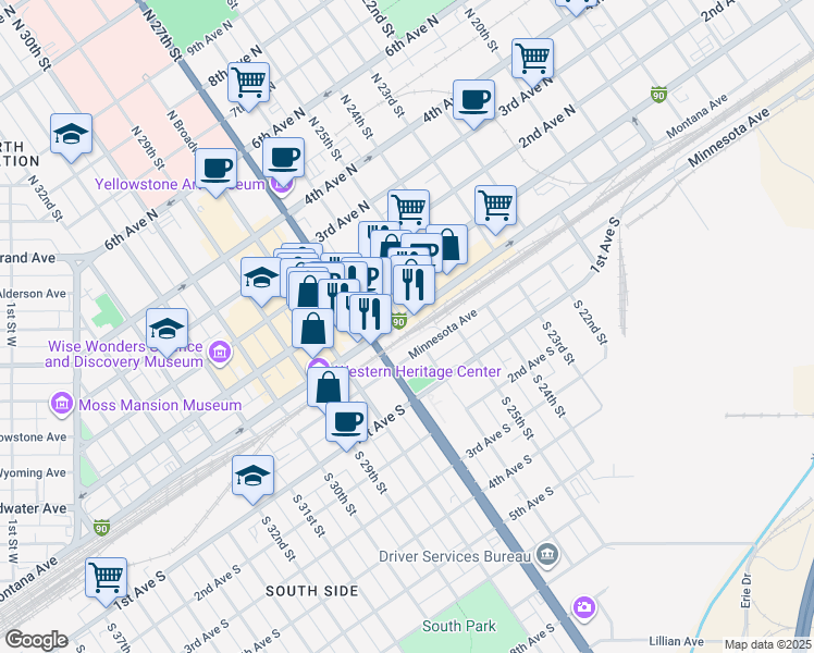 map of restaurants, bars, coffee shops, grocery stores, and more near 2611 Minnesota Avenue in Billings