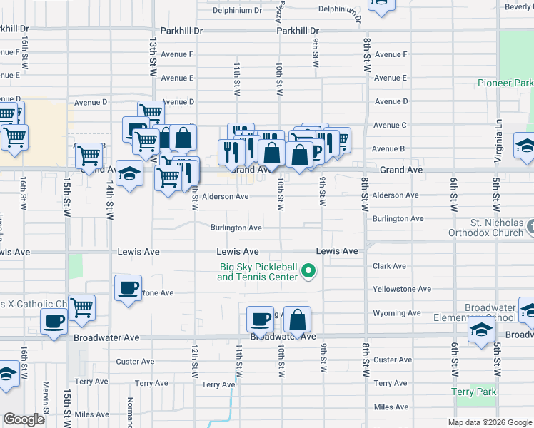 map of restaurants, bars, coffee shops, grocery stores, and more near 1006 Burlington Avenue in Billings
