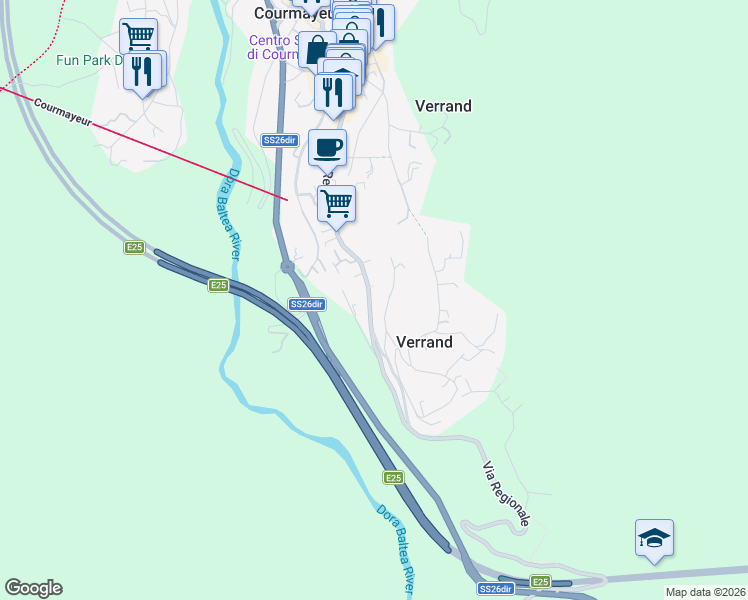 map of restaurants, bars, coffee shops, grocery stores, and more near 81 Via Regionale in Courmayeur
