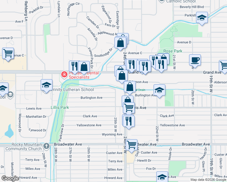 map of restaurants, bars, coffee shops, grocery stores, and more near 1302 24th Street West in Billings