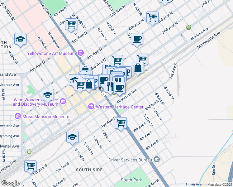map of restaurants, bars, coffee shops, grocery stores, and more near 2600 Montana Avenue in Billings