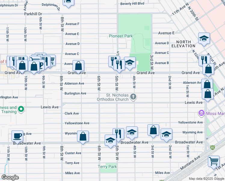map of restaurants, bars, coffee shops, grocery stores, and more near 444 Alderson Avenue in Billings