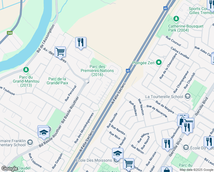 map of restaurants, bars, coffee shops, grocery stores, and more near 1415 Rue de la Outaouais in Repentigny