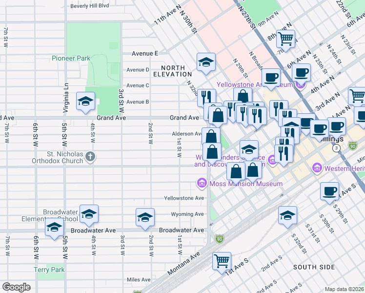 map of restaurants, bars, coffee shops, grocery stores, and more near in Billings