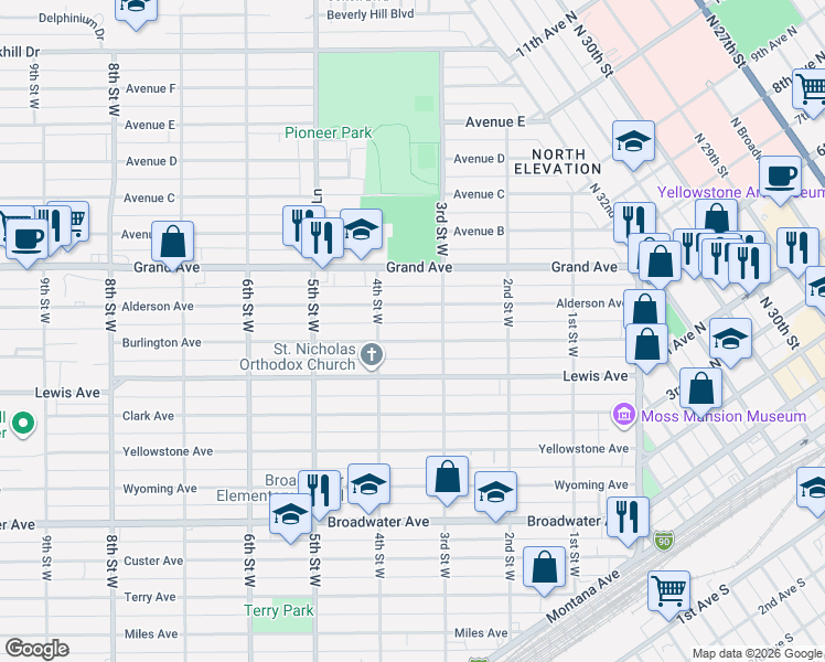 map of restaurants, bars, coffee shops, grocery stores, and more near 308 Alderson Avenue in Billings