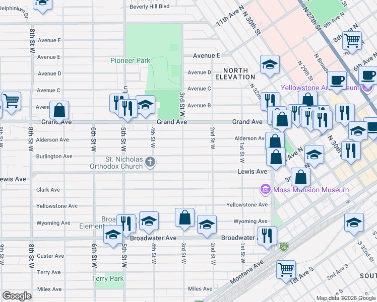 map of restaurants, bars, coffee shops, grocery stores, and more near 230-234 Alderson Avenue in Billings