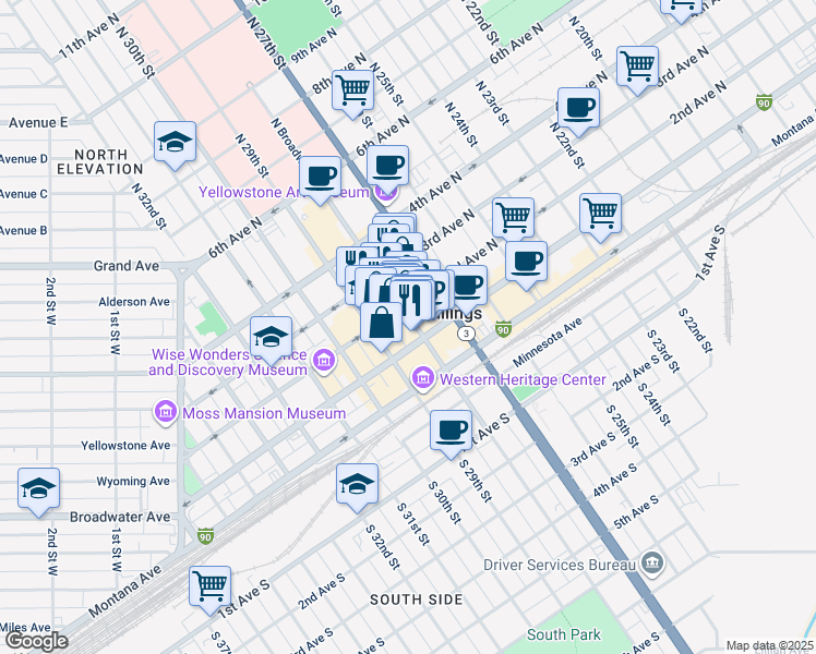 map of restaurants, bars, coffee shops, grocery stores, and more near 112 North Broadway in Billings
