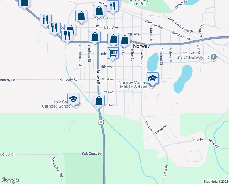 map of restaurants, bars, coffee shops, grocery stores, and more near 301 Main Street in Norway