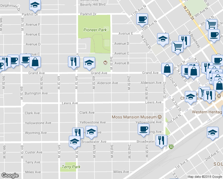 map of restaurants, bars, coffee shops, grocery stores, and more near 1209 3rd Street West in Billings