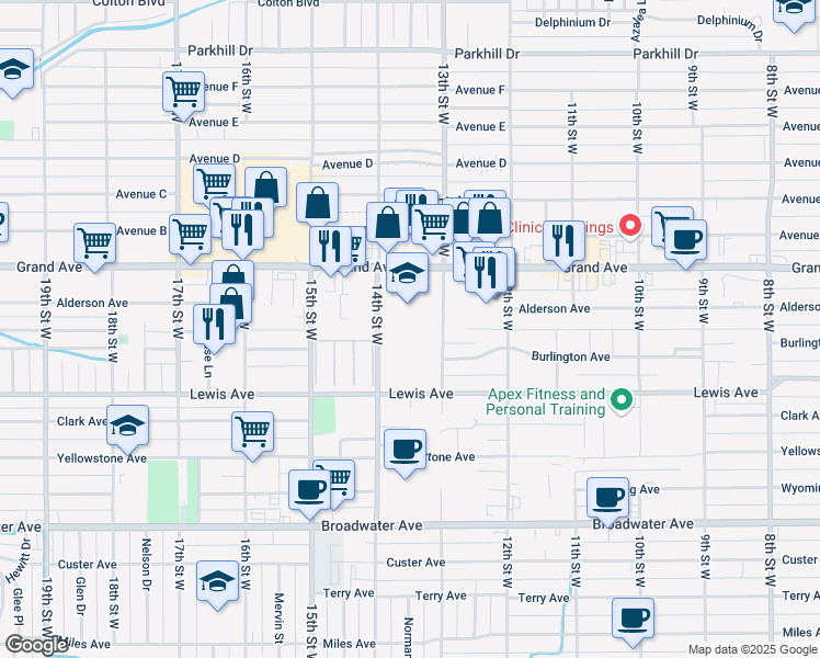 map of restaurants, bars, coffee shops, grocery stores, and more near 1315 Lewis Avenue in Billings
