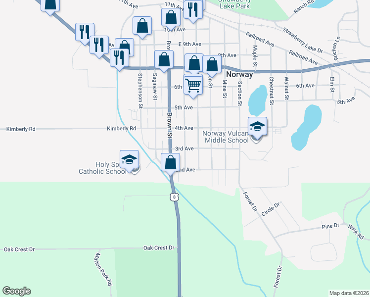map of restaurants, bars, coffee shops, grocery stores, and more near 301 Norway Street in Norway