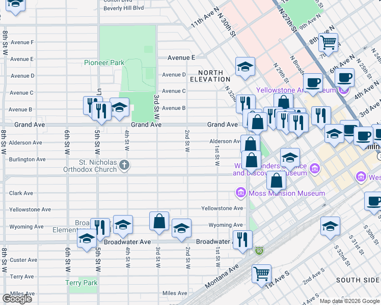 map of restaurants, bars, coffee shops, grocery stores, and more near 204 Alderson Avenue in Billings